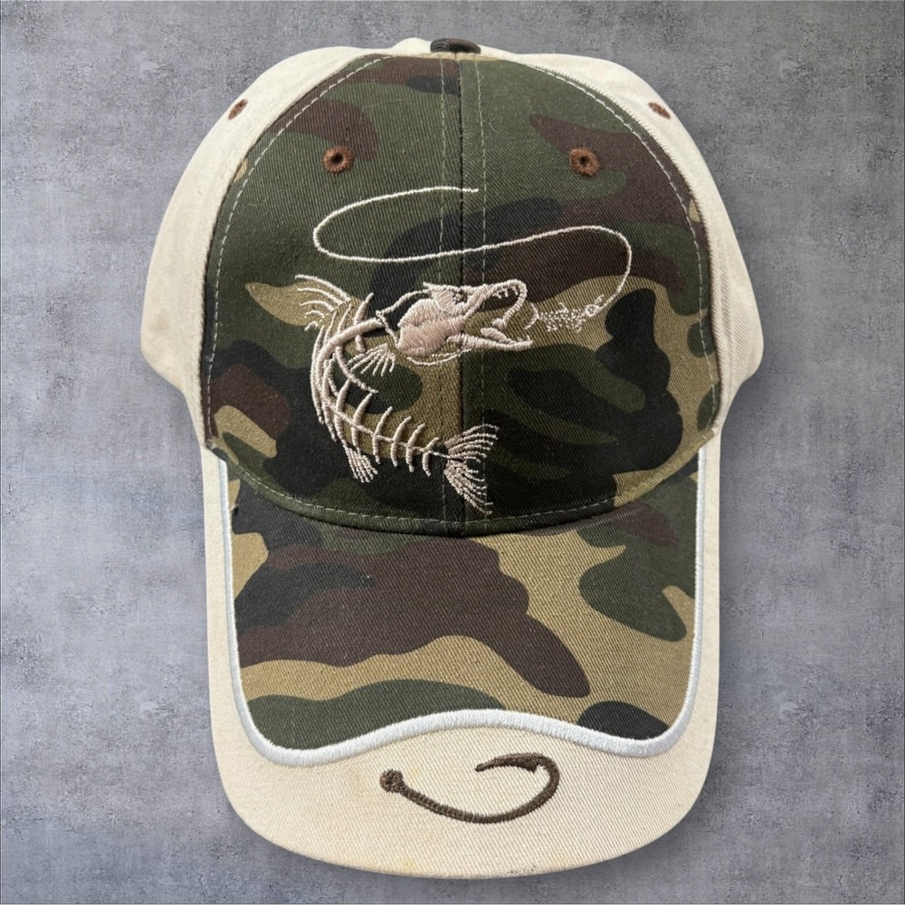 Get Reel Get Fish Camo Fish Skeleton Baseball Hat OSFM Hook Cap Fisherman